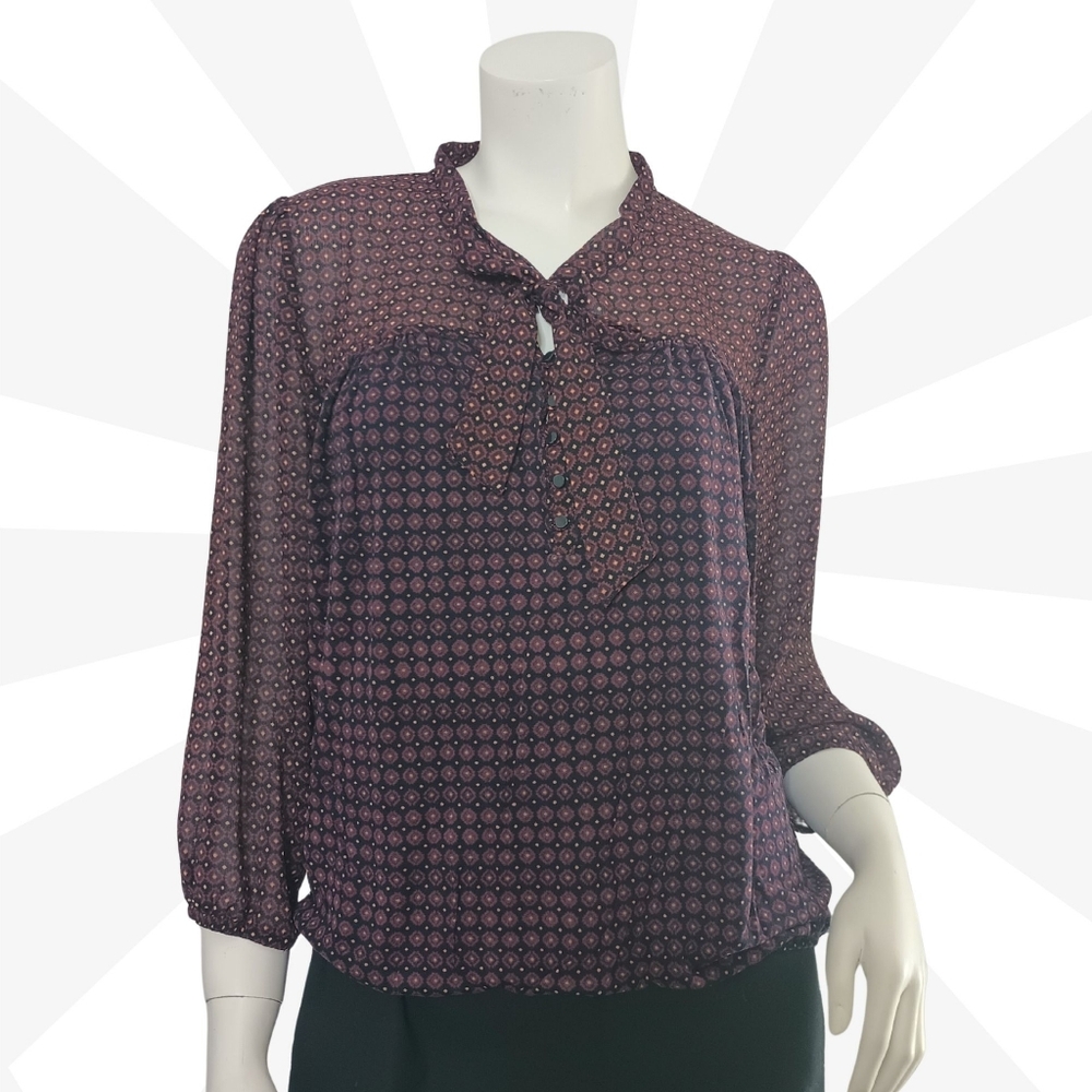 Loft Red Blouse Tie Front Size M Round Neck 3/4 Sleeve